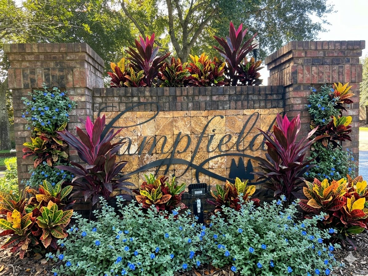 Campfield community entrance with colorful tropical plantings