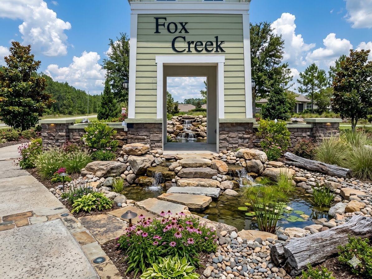 Fox Creek community entrance with water feature