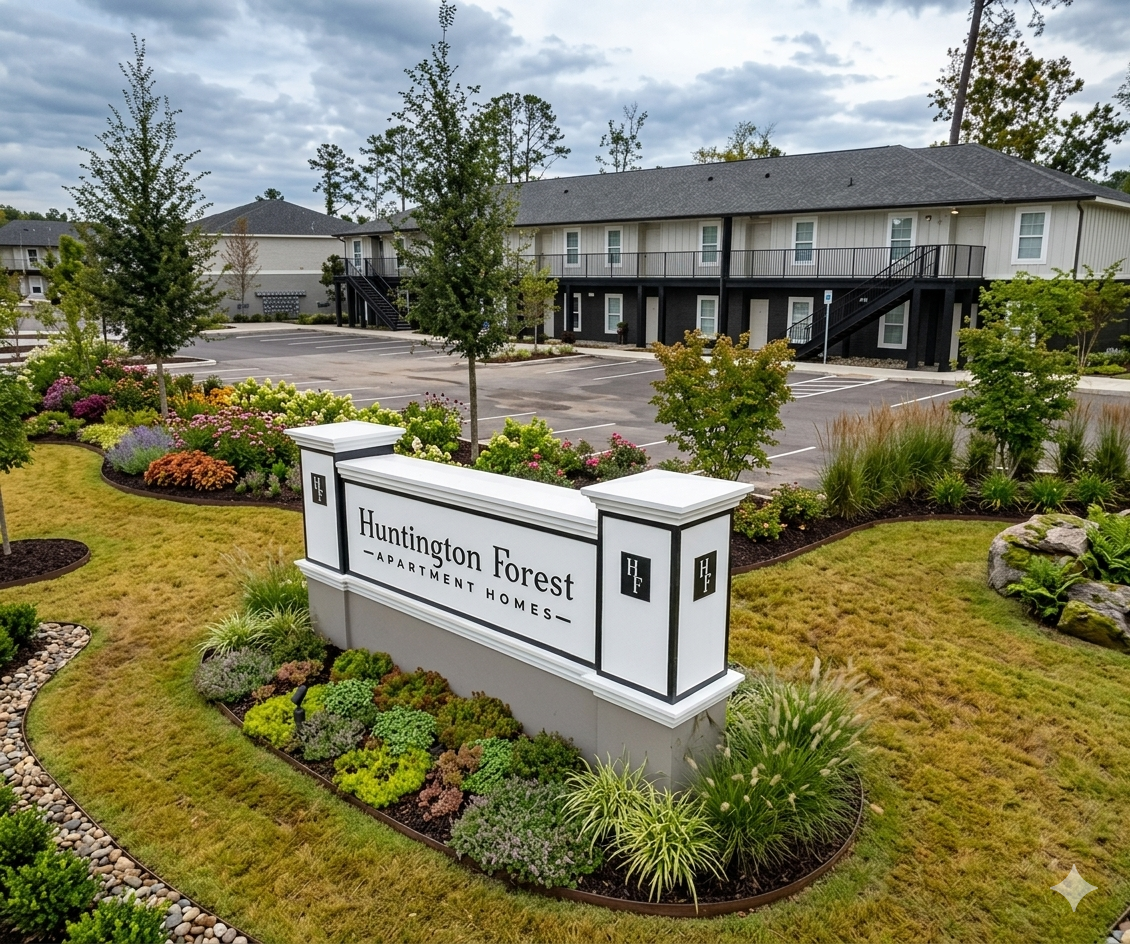 Huntington Forest Apartment Homes entrance with manicured landscaping