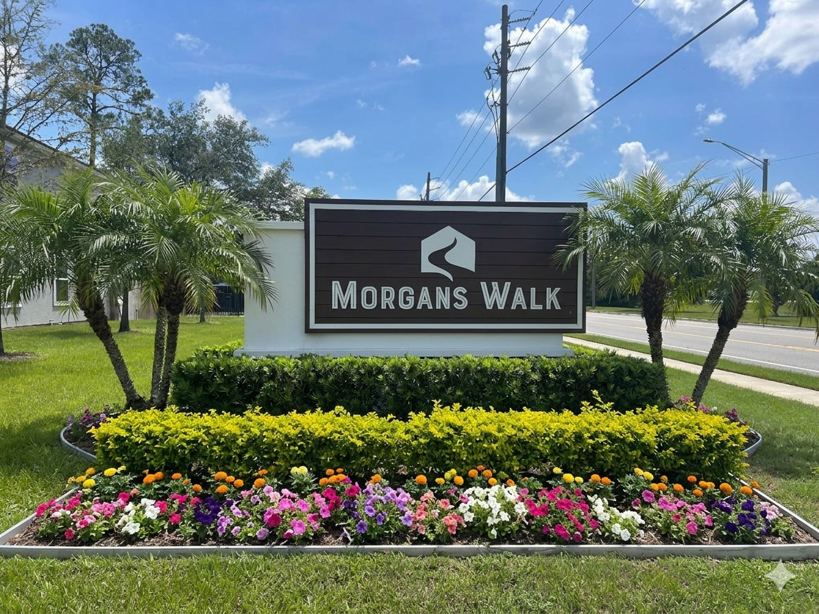 Morgan's Walk entrance with well-maintained grounds