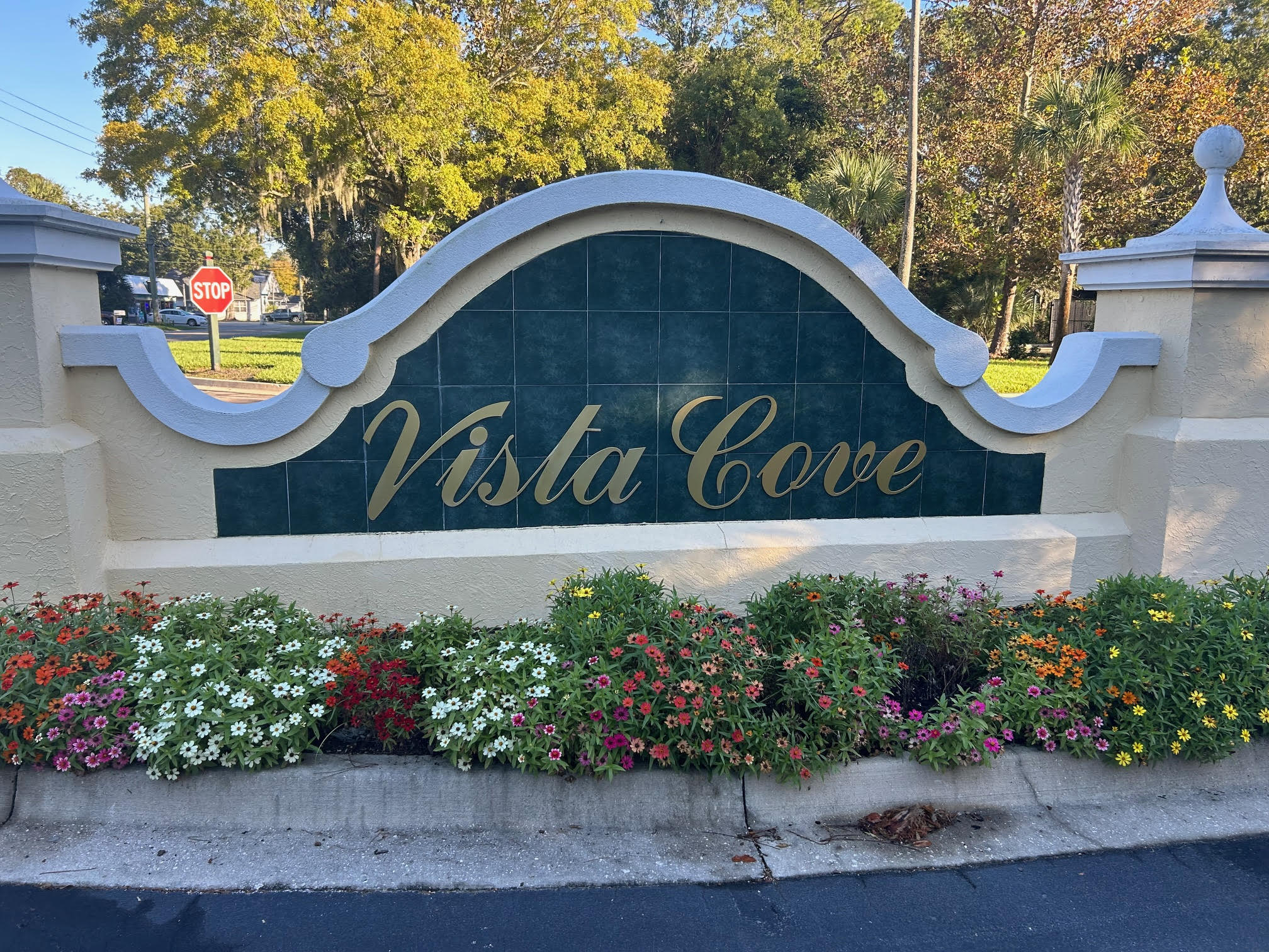Vista Cove community entrance with beautiful landscaping